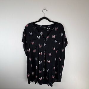 Torrid Top 2X Frenchie Bulldog Lightweight Button Down Blouse Short Sleeve Black